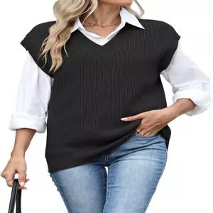 ZAFUL 여성 V넥 스웨터 조끼 캡 슬리브 오버사이즈 골지 케이블 니트 캐주얼 루즈 탱크 탑 풀오버