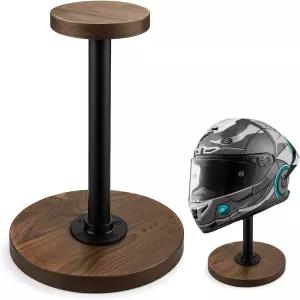 모토팬 인더스트리얼 스타일 헬멧 스탠드 러스틱 번트 솔리드 우드 및 블랙 메탈 파이프 캡과 가발