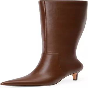 QIY 무릎 하이 부츠 여성 키 큰 여성용 뾰족한 발가락 키튼 힐 사이드 지퍼 롱 가을 사이즈 6-11