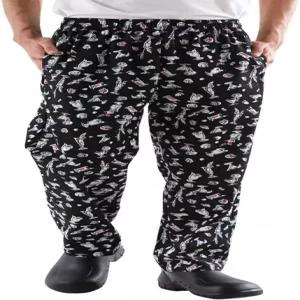 남녀 배기 프린트 셰프 팬츠 주방 유니폼과 신축성 있는 허리 꽃무늬 레스토랑 작업 바지