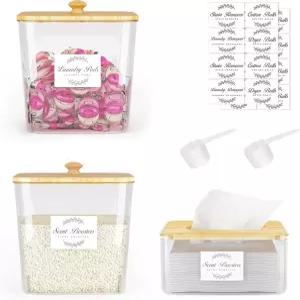 빈코나 세탁실 정리 및 보관 대나무 뚜껑과 라벨이 있는 세탁 포드 용기 건조 시트 홀더 부스터 비드용