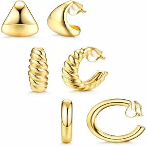 여성용 트렌디한 저자극성 14K 골드 도금 청키 튜브 크루아상 워터 드롭 클립온 후프 귀걸이 세트 가짜