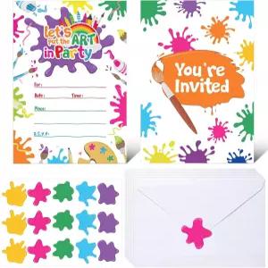 파장 24 세트 아트 페인팅 파티 초대장과 봉투 포함 컬러풀 생일 카드 페인트 테마 초대장 용품 스티커