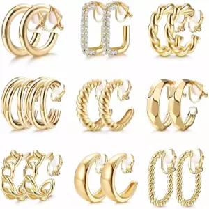 투나라즈 9쌍 여성용 귀걸이 클립 14K 금도금 청키 후프 트렌디한 비강관 가짜 보석용