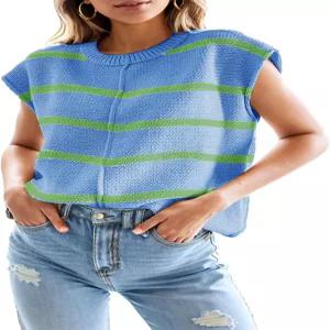 쇼시비 여성 탑 캡 슬리브 스트라이프 니트 탱크 루즈핏 스웨터 조끼 2025 봄 여름 의상 풀오버