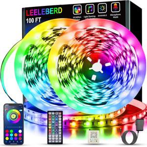 Leeleberd 침실용 LED 조명 100피트 50피트 2롤 음악 동기화 색상 변경 RGB 스트립 조명, 원격 앱 제어 블루투스 스트립, 룸 홈 키친 파티 장식용