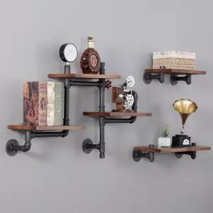 SSS 가구 산업용 부유식 파이프 벽 선반 소박한 나무 5겹 디자인 책장 DIY 거실 욕실 농가 바 산업 장식