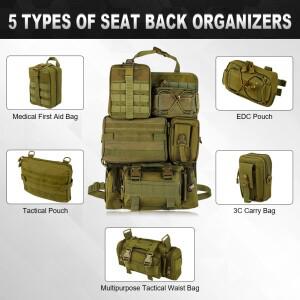 카키색 유니버설 자동차 시트 오거나이저, 전술적 등받이 5개의 탈착식 몰리 파우치 포함 수납 키트