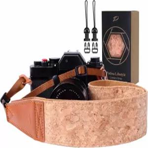 파드와 라이프스타일 코크 카메라 스트랩 - 사진작가용 2인치 탑 레이어 소가죽 헤드 내추럴 로그 크래클