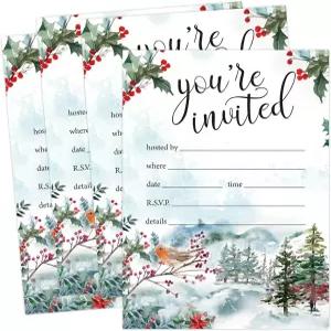 Whaline 25팩 크리스마스 파티 초대장 겨울 우드랜드 로빈 홀리데이 수채화 동물