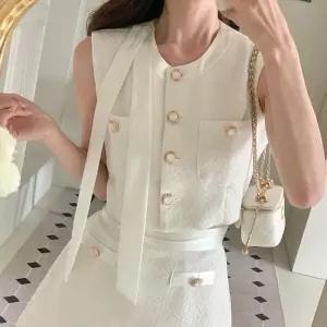 [신상오픈런]여성 하객 패션 블링 버튼 리본 타이 크롭 포켓 나시 재킷 (39079825)
