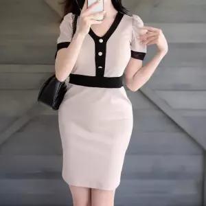 [신상오픈런]여성 클래식 배색 퍼프 소매 골드버튼 미니 원피스 (39079282)