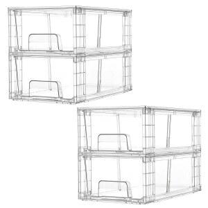 Vtopmart 4 팩 쌓을 수 있는 수납 서랍 손잡이가 투명 릴 정리함 냉장고 욕실 주방 언더싱크 캐비닛 팬트리 정리 및 보관을 위해 쉽게 조립 가능