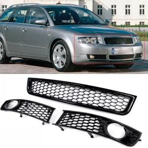 아우디 A4 B6 2002-2005 RS 스타일 블랙 허니콤 메쉬 상단 중간 하단 안개등 그릴 튜닝 키트 앞 범퍼 세트