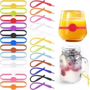 젤슬루트 24팩 실리콘 음료 마커 밴드 신축성 와인잔 병 스트립 태그 컵 파티 라벨 맥주병 머그잔 칵테일