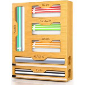 커터가 달린 KOCWELL 가방 정리함 및 플라스틱 랩 디스펜서 주방 서랍용 대나무 호일 갤런용 보관 쿼트 샌드위치 스낵 노란색