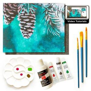 PAINTING4REAL DIY 용품 아크릴로 겨울 9피스 방법 미술 솔방울 페인트하는 페인트 배우기 튜토리얼 비디오 키트 클래스 세트 아크릴 페인팅