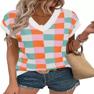 로몬 여성 여름 캡 슬리브 스웨터 베스트 캐주얼 V넥 니트 반팔 격자무늬 풀오버 루즈핏 작업 상의