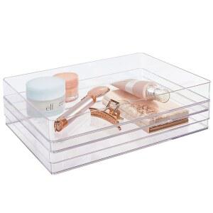 스 심플소트 2 스태커블 클리어 서랍 정리함 세트 12인치 x 9인치 2인치 직사각형 트레이 와이드 메이크업 베니티 수납함 및 사무실 책상 구분함