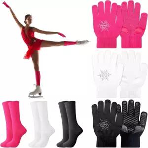 히카러 6쌍 피겨 스케이팅 장갑 양말 세트 스 따뜻한 겨울 미끄럼 방지 연습 대회용