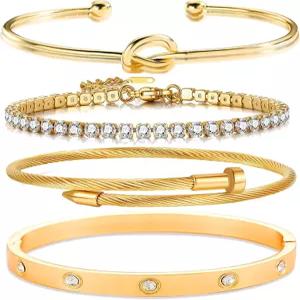 18K 골드 도금 여성 스태커블 플로럴 클로버 팔찌 세트 러브 뱅글 네일 트렌디한 주얼리 여성의 날 및