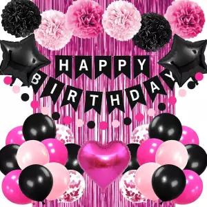 소녀들을 위한 솔 핑크와 블랙 생일 파티 장식 축하 배너 핫 풍선 폼 꽃 색종이 호일 프린지 커튼 소녀