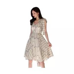 솔저스여성원피스 고급스런 리본 프린트 원피스 브이넥 하이웨스트 A라인 드레스 OPH5