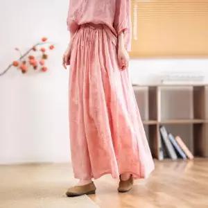 손오공 여성 치마 빈티지 여름 가득 밴딩 허리 이중 루즈핏 모시 자수 데일리룩 A라인 KUK1