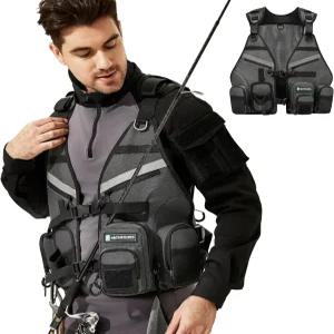 LACUEQS 조절 가능한 스트랩 플라이 낚시 조끼 팩 낚싯대 홀더 랜딩 네트 모든 낚시에 다용도로 사용 가능