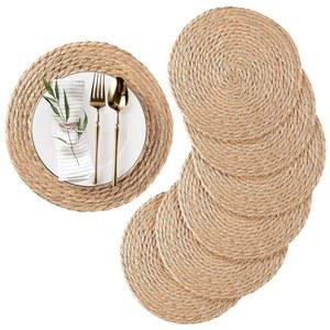 런티반 원형 직조 플레이스 매트 세트 6개, 천연수 히아신스 매트, 12인치 라탄 위커 농가 보호 브레이드 내열 야외 파티오 테이블