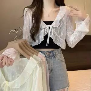 시스루 여자 레이스 여름 빅카라 볼레로 가디건 크롭