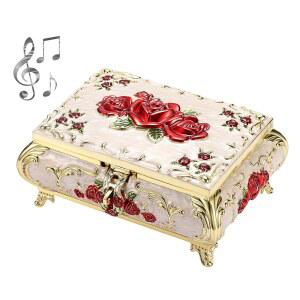 엘두 빈티지 뮤직 박스, 베이지 메탈 뮤지컬 주얼리 박스 유품 상자, 작은 장신구 보관함 선물 튠: 유 아 마이 선샤인 , 레드 로즈 패턴, 라지