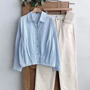 [신상오픈런]스트라이프셔츠 카라 아방핏 허리주름 블라우스 (29820960)