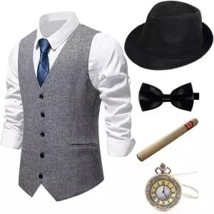 1920년대 Gionforsy 남성 의상 개츠비 갱스터 조끼 페도라 모자 멜빵 보타이 액세서리 세트