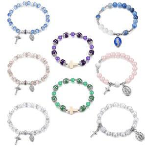 로리아스 8Pcs 묵주 구슬 가톨릭 스트레치 브레이슬릿 여성용 크리스털 크로스 십자가