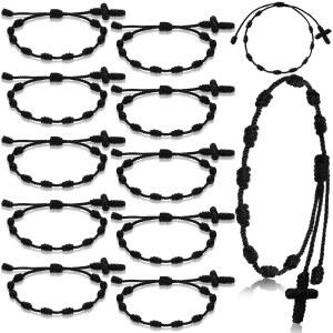 오투즈 24pcs 블랙 가톨릭 묵주 팔찌 남성용 수제 크로스 스트링 10매, 핸드 레쿠에르도스 드 바우티조 세례 선물 하객 기념