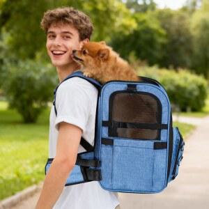 소형견을 위한 XUVIRA 반려견 캐리어 백팩 - 안전 버클, 조절 가능한 스트랩 및 표준 패드가 포함된 통기성 메쉬 하이킹 가방 하이킹에 내구성이 뛰어납니다(소형 고양이에게도 적합, 최대 17파운드, 파란색)