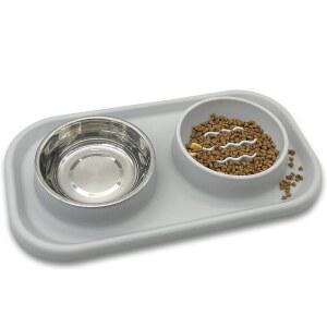 BNOSDM 슬로우 피더 개 고양이 그릇, 실리콘 매트 사료 및 물그릇 세트가 포함된 스테인리스 스틸, 고양이와 작은 강아지의 식사 속도를 늦추는 반려동물 먹이 접시, 회색