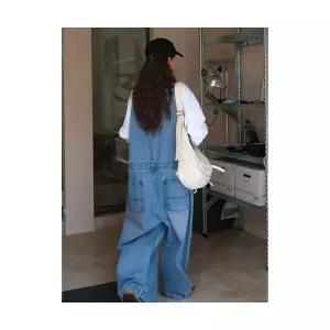 피콜로 여자 데일리룩 바지 점프슈트 루푸 가을 스타일 워싱 데님 오버롤 와이드핏 캐주얼 팬츠 KUK3