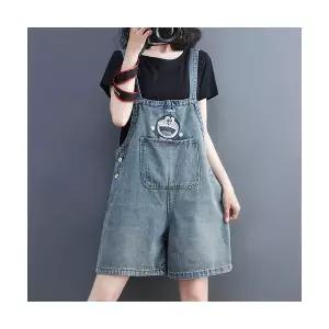 피콜로 여자 데일리룩 바지 점프슈트 캐릭터 프린트 데님 멜빵 반 캐주얼 나시팬츠 KUK1