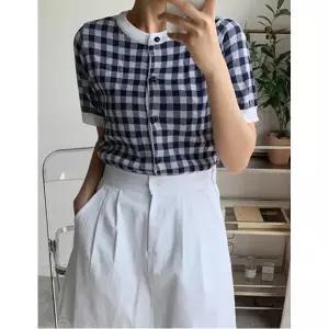 위시드 [하프클럽/라운드넥 버튼업 체크 패턴 반팔 가디건 (WIBACD017) 669663