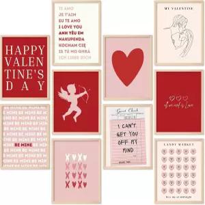 Whaline 12Pcs 발렌타인데이 벽 아트 프린트 레트로 로맨틱 러브 하트 큐피드 포스터 결혼식 홈 거실