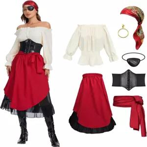 프리베네 7Pc 액세서리가 있는 여성 해적 의상 르네상스 블라우스 상의 스커트 중세 벨트 머리 스카프 전체