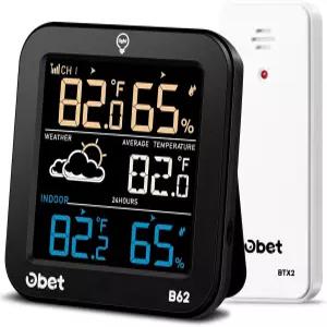500FT 범위 센서와 조절 가능한 백라이트 컬러 디스플레이를 갖춘 OBET 실내 실외 온도계 무선 기상 관측소