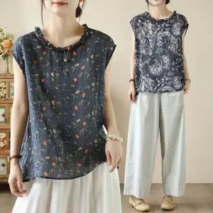 EAMT 여성용 빈티지 민소매 톱 마 뒷단추 블라우스 프린트 YJ1