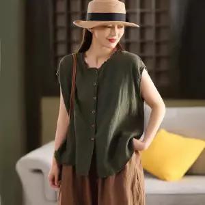 EAMT 여자 빈티지 싱글 카디건 봄신상 민소매 상의 린넨 핫픽스 셔츠 YJ1