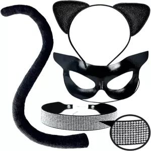 올리판 블랙 고양이 의상 액세서리 여성 글리터 가면극 할로윈 성인 귀와 꼬리 라인스톤 초커 포함