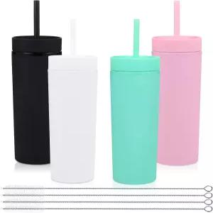뚜껑과 빨대가 있는 볼호플리 16온스 플라스틱 스키니 텀블러 4팩 단열 이중 벽 BPA 프리 매트 아크릴 스