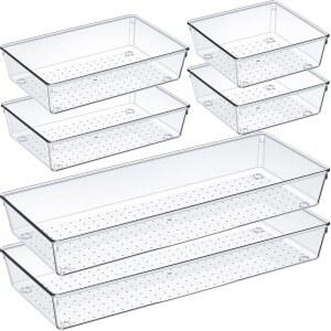 크리우시아 6개 대형 클리어 서랍 정리함 세트 릴 미끄럼 방지 주방 보관 트레이 분할기 욕실 도구 및 사무실을 위한 다기능 보관함