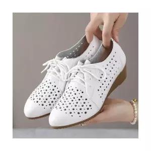 올요아 여친 춘하 빈티지 통굽 웨지 가죽 키작녀 펀칭 샌들 웨지힐 소근 리얼 슈즈 꾹5